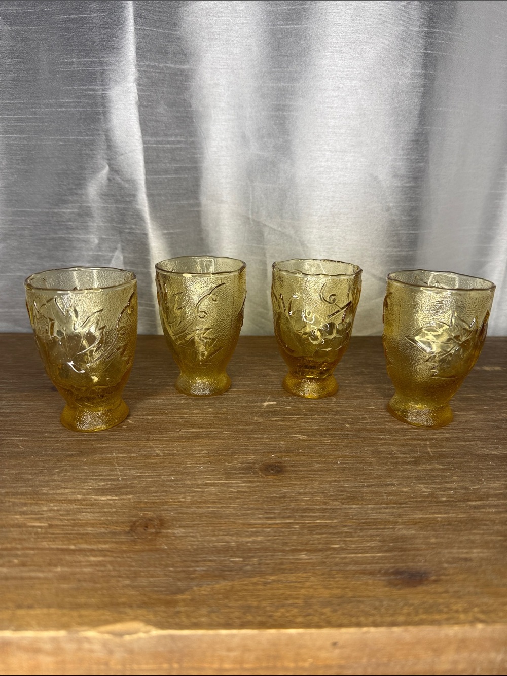 VTG Pressed Amber Glass Footed Juice Cordial Tumblers Set of 4 Mid Century 3”